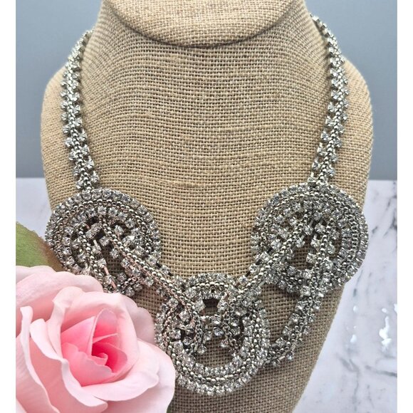 Silver Tone Crystal Statement Necklace Large Links Runway 20" Prom Clubwear - Picture 2 of 8